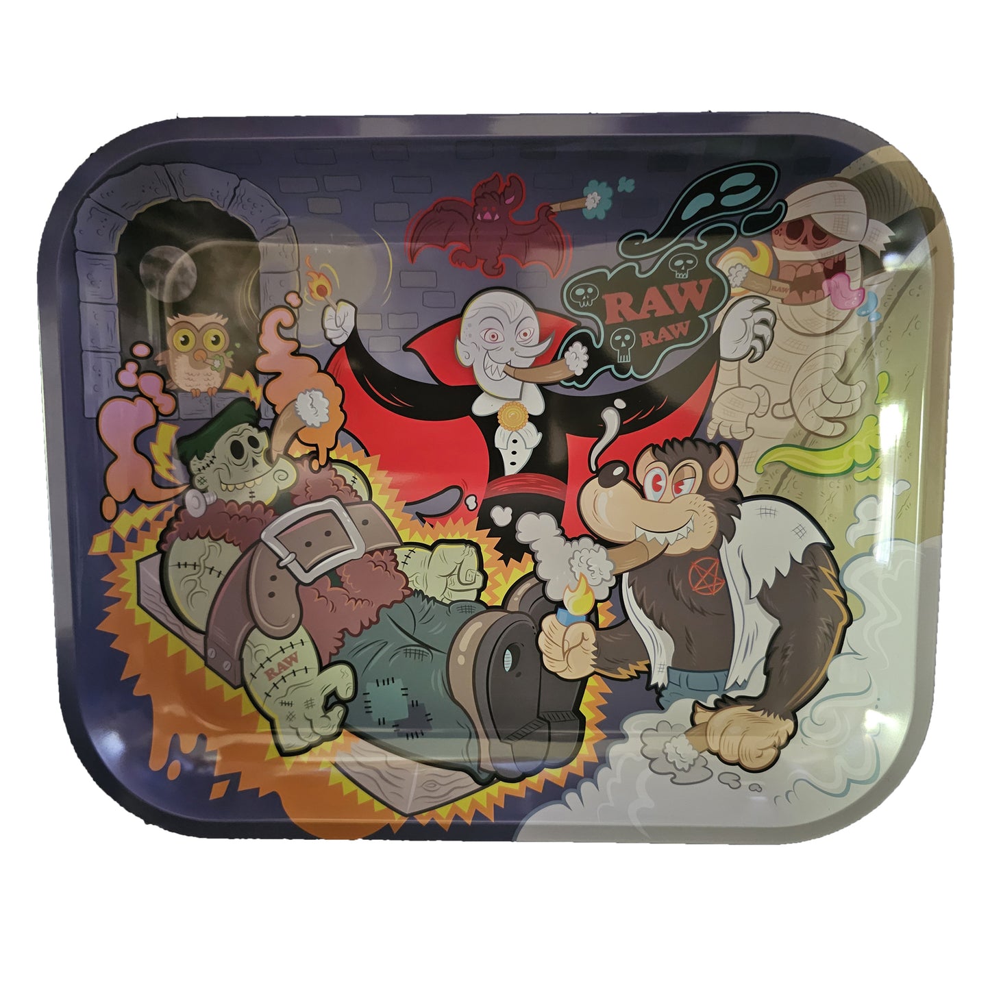 RAW Monster Sesh Tray โ Limited Edition Large metal rolling tray with Halloween monster artwork