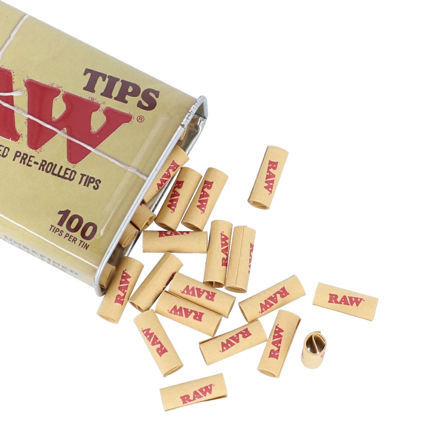 RAW Pre-Rolled Tips Tin – 100 natural, unbleached tips in a reusable slide-top metal case
