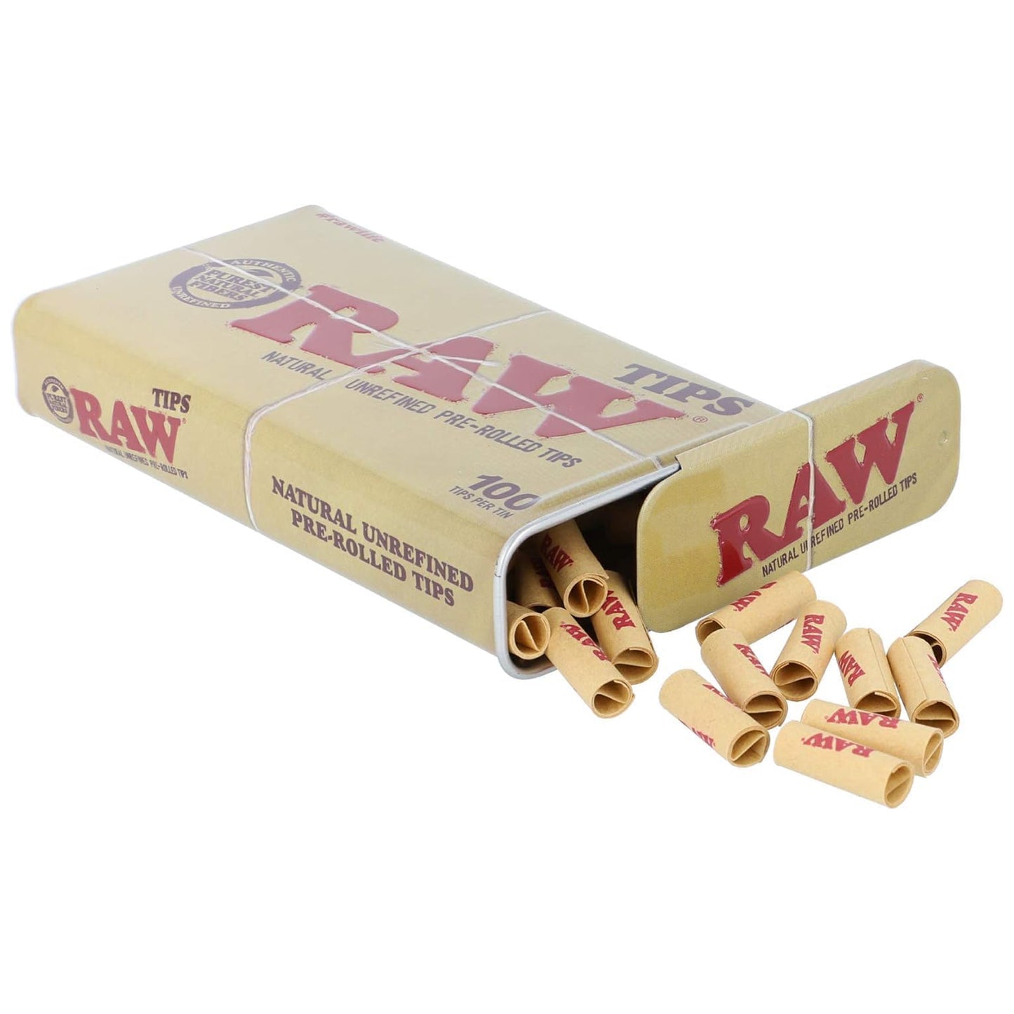 RAW Pre-Rolled Tips Tin – 100 natural, unbleached tips in a reusable slide-top metal case
