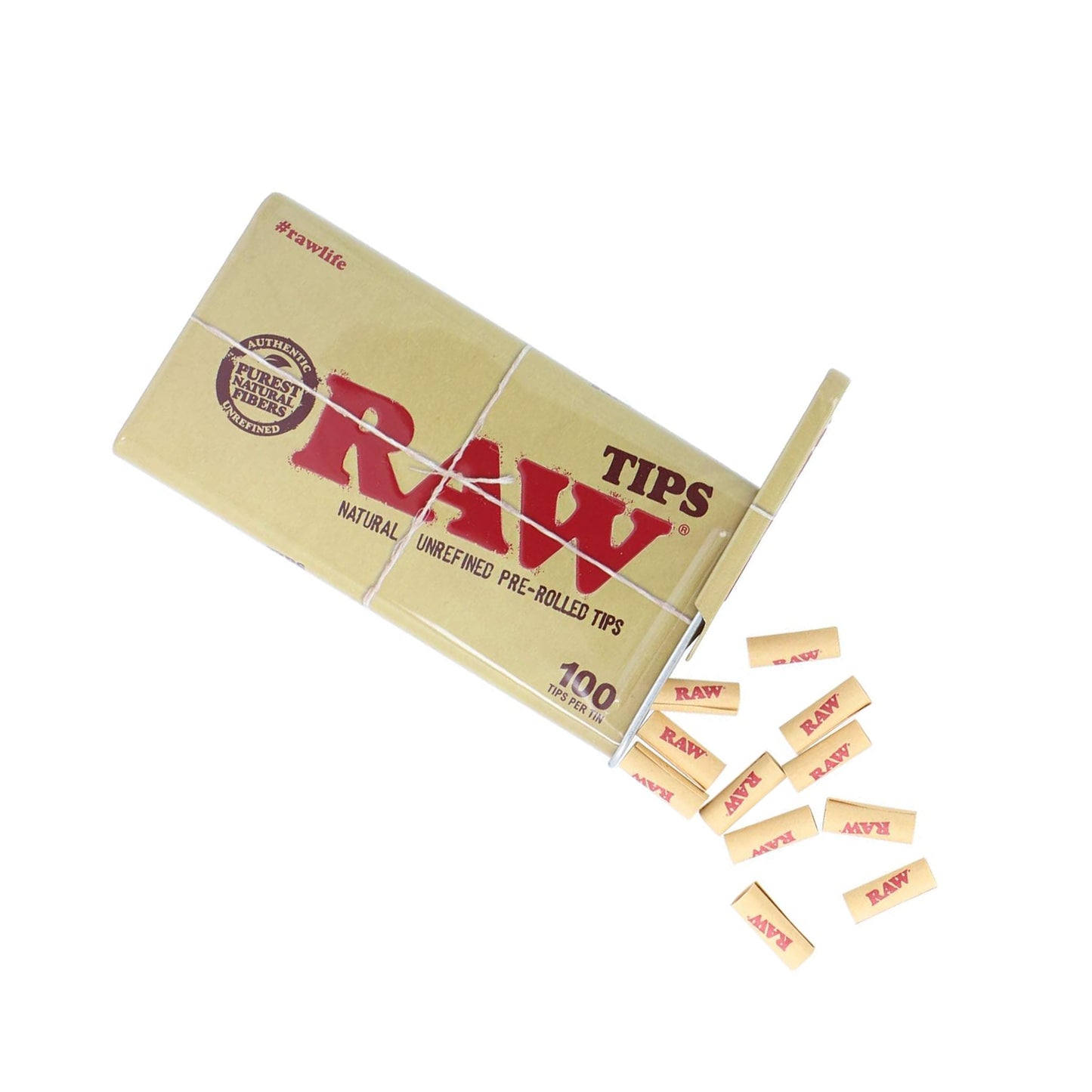 RAW Pre-Rolled Tips Tin – 100 natural, unbleached tips in a reusable slide-top metal case