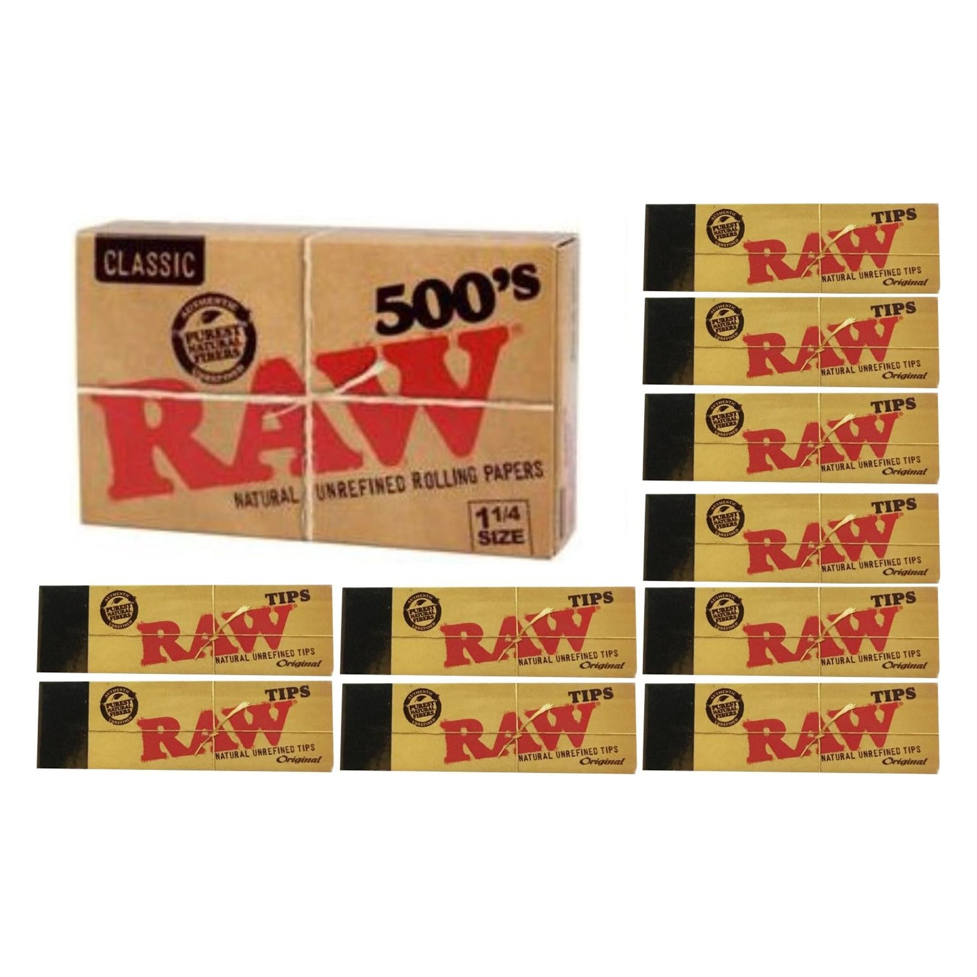 RAW 500 Classic Bundle – 500 unbleached 1¼ rolling papers and 500 RAW tips in eco-friendly packaging