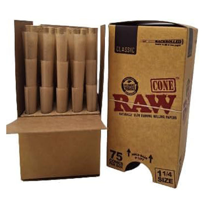 RAW Classic 1¼ Pre-Rolled Cones – Box of 75 natural, unbleached hemp cones with crisscross watermark