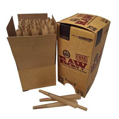 RAW Classic 1¼ Pre-Rolled Cones – Box of 75 natural, unbleached hemp cones with crisscross watermark