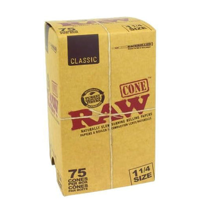 RAW Classic 1¼ Pre-Rolled Cones – Box of 75 natural, unbleached hemp cones with crisscross watermark
