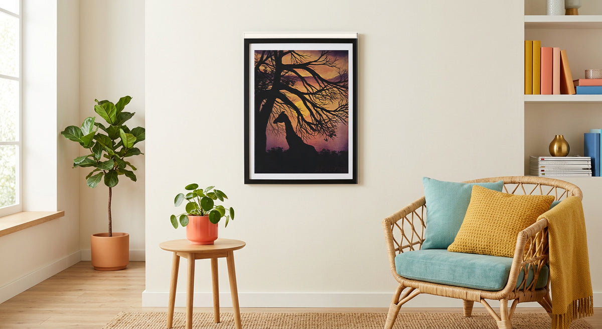 Giraffe by Beth Laking displayed as dramatic sunset wildlife wall art in a styled living space.