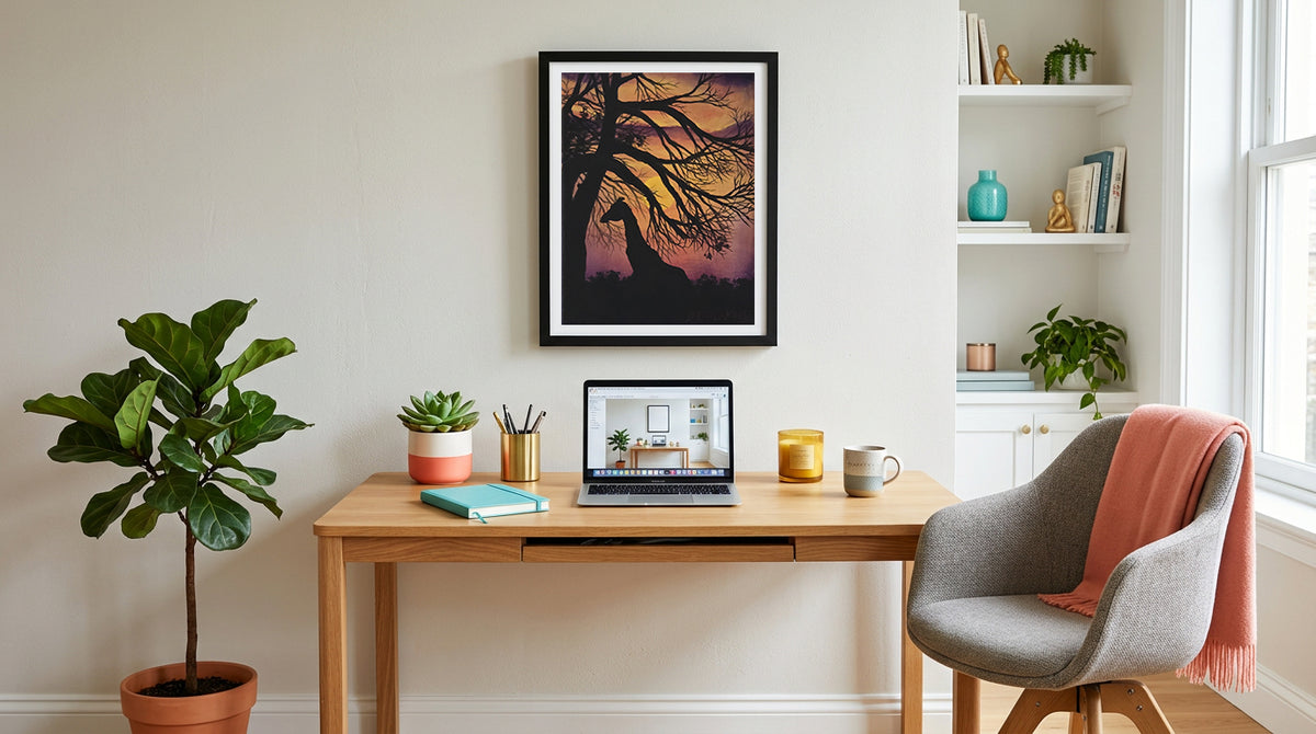 Giraffe by Beth Laking displayed as warm-toned giraffe wall art in a furnished room.