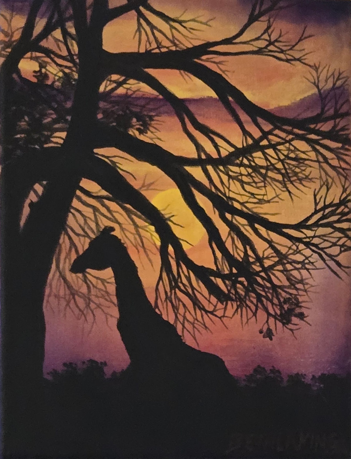 Giraffe silhouette beneath dark tree branches against a warm orange, mauve and purple sunset sky, artwork by Beth Laking.