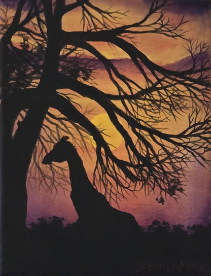 Giraffe silhouette beneath dark tree branches against a warm orange, mauve and purple sunset sky, artwork by Beth Laking.