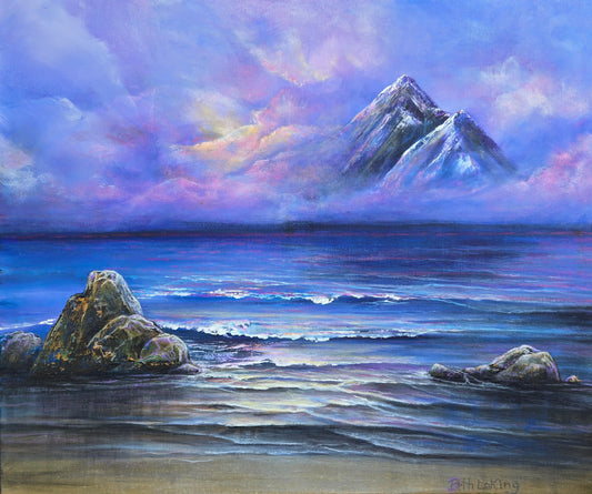 Snow-covered mountains beyond blue water and a rocky shoreline beneath a lavender, pink and blue sky, artwork by Beth Laking.