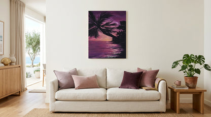 Tropical Sunset by Beth Laking displayed as colourful palm tree and coastal sunset wall art in a contemporary living room.