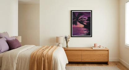 Tropical Sunset by Beth Laking displayed as purple and pink coastal wall art in a peaceful bedroom.
