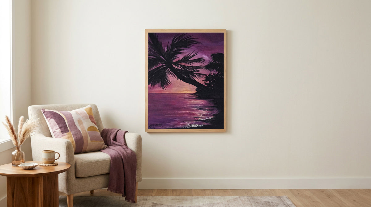 Tropical Sunset by Beth Laking displayed as tropical sunset wall art in a styled reading space.