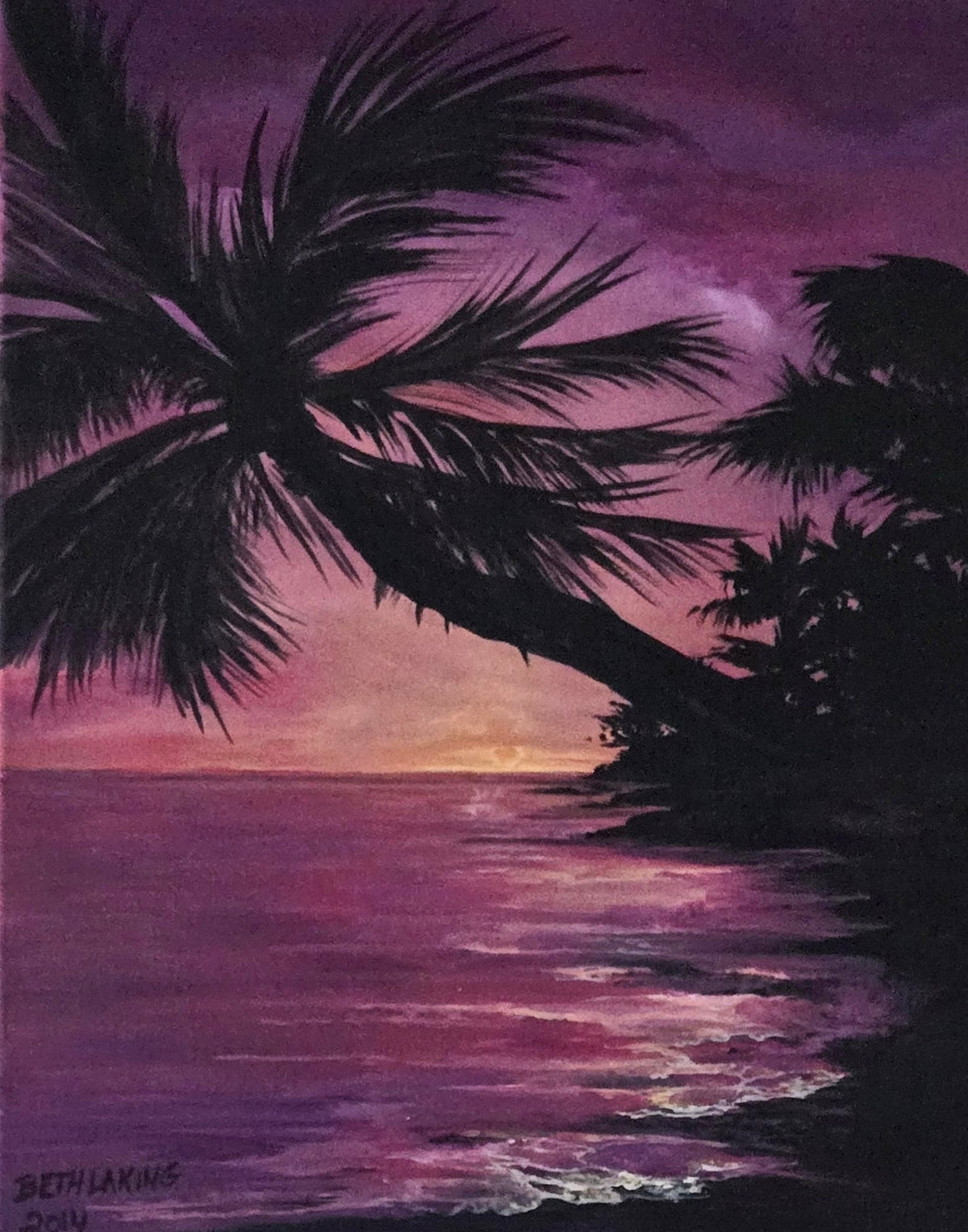 Dark palm silhouettes framing a glowing purple, pink, peach and gold sunset over the water, artwork by Beth Laking.