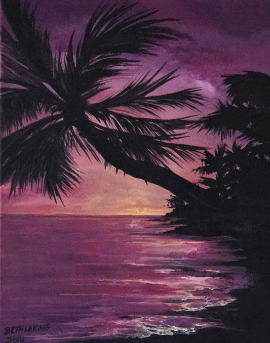 Dark palm silhouettes framing a glowing purple, pink, peach and gold sunset over the water, artwork by Beth Laking.