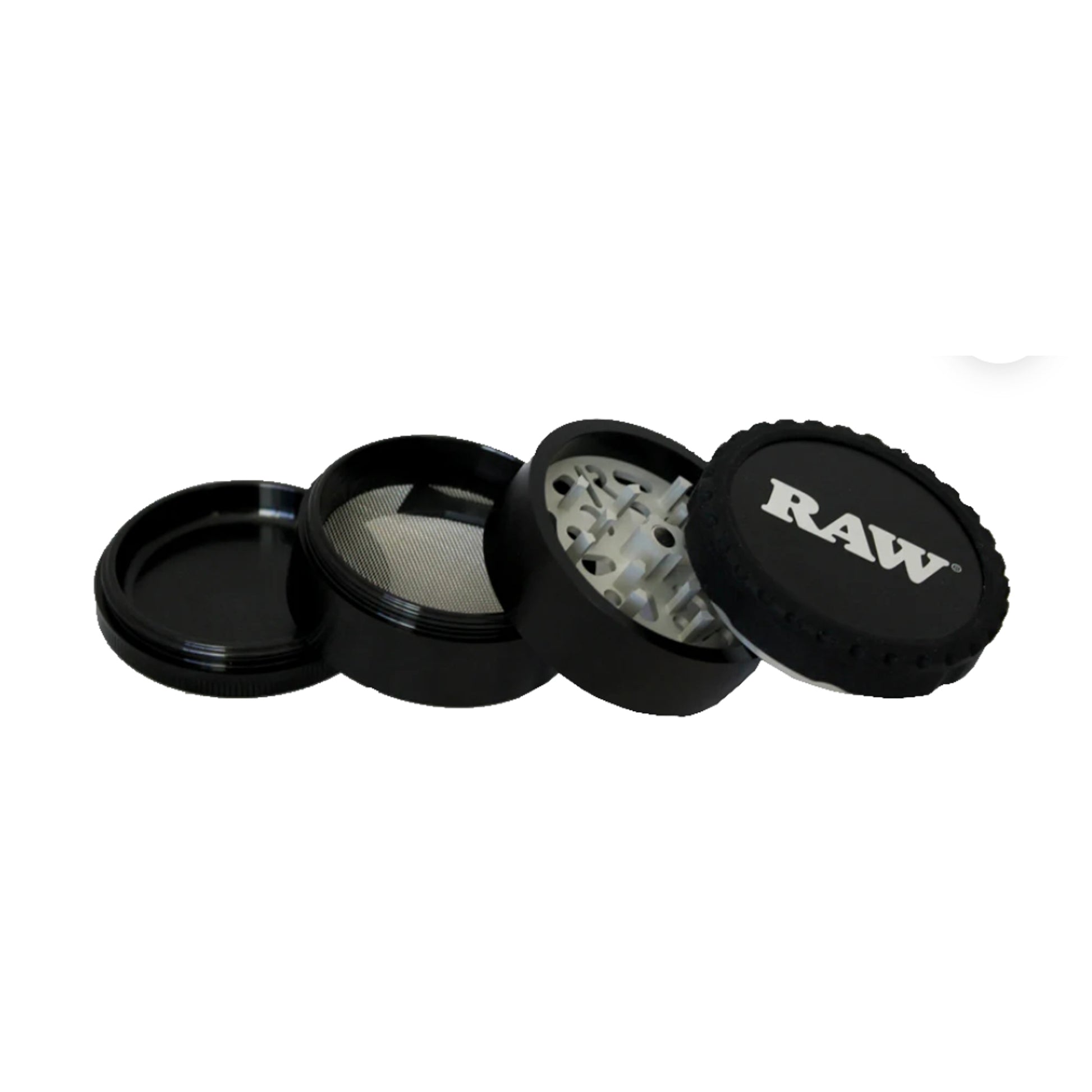 RAW Life Grinder – Black 4-piece modular grinder with large catch basin and stainless steel screen