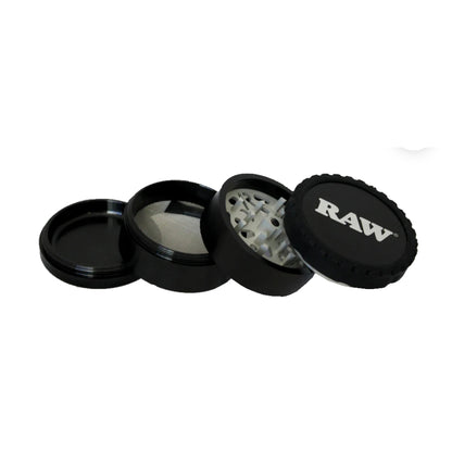 RAW Life Grinder – Black 4-piece modular grinder with large catch basin and stainless steel screen