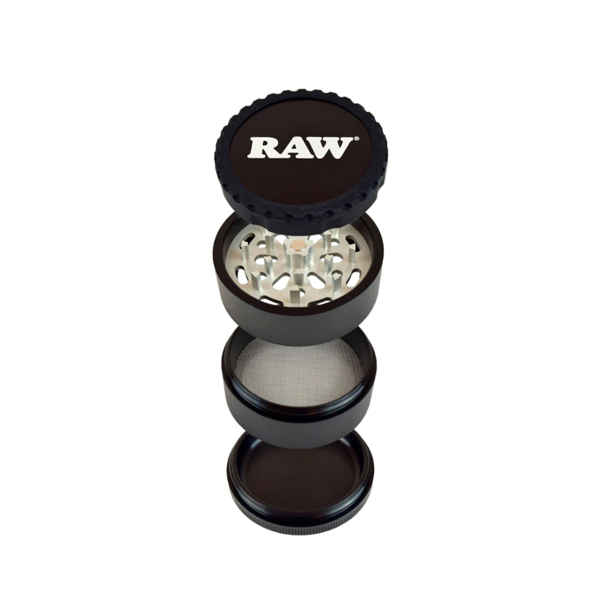RAW Life Grinder – Black 4-piece modular grinder with large catch basin and stainless steel screen