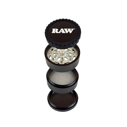 RAW Life Grinder – Black 4-piece modular grinder with large catch basin and stainless steel screen