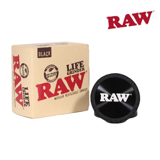 RAW Life Grinder – Black 4-piece modular grinder with large catch basin and stainless steel screen