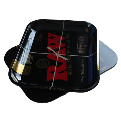 RAW Large Black Rolling Tray with Magnetic Lid – 14x11x1.25 inches, gold-toned metal tray with sleek black finish