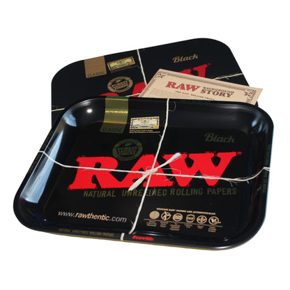 RAW Large Black Rolling Tray with Magnetic Lid – 14x11x1.25 inches, gold-toned metal tray with sleek black finish