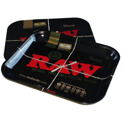 RAW Large Black Rolling Tray with Magnetic Lid – 14x11x1.25 inches, gold-toned metal tray with sleek black finish