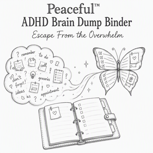 Peaceful ADHD Brain Dump Binder printable PDF cover with thought cloud, butterfly and open planner