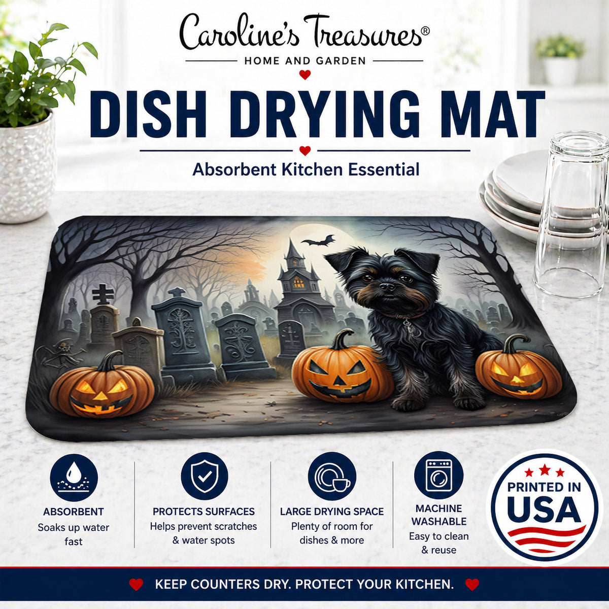 Caroline's Treasures DAC2001DDM Affenpinscher Spooky Halloween Dish Drying Mat Absorbent Dish Drying Mat Pad for Kitchen Counter Dish Drainer Mat for Countertop, 14 x 21, Multicolor