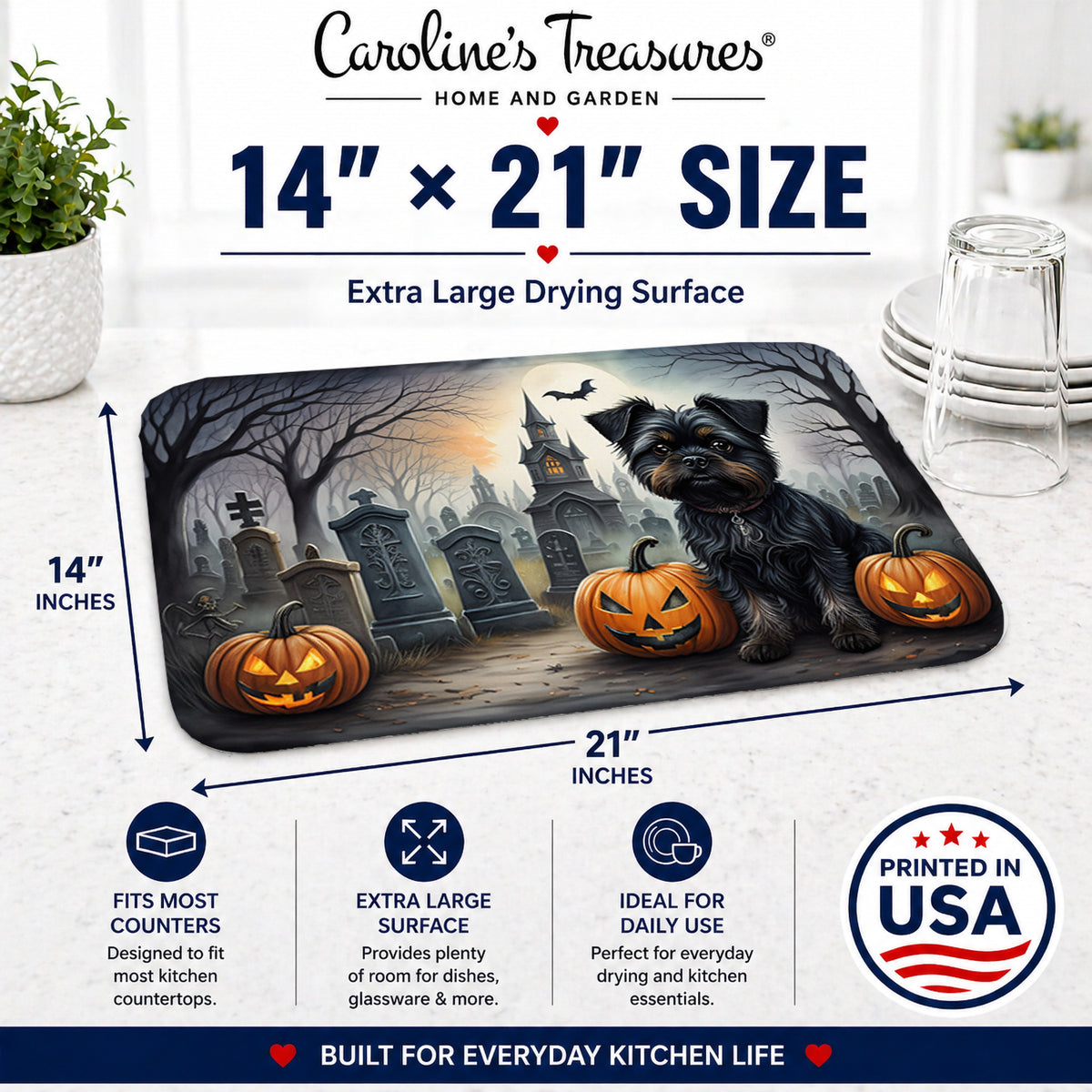 Caroline's Treasures DAC2001DDM Affenpinscher Spooky Halloween Dish Drying Mat Absorbent Dish Drying Mat Pad for Kitchen Counter Dish Drainer Mat for Countertop, 14 x 21, Multicolor