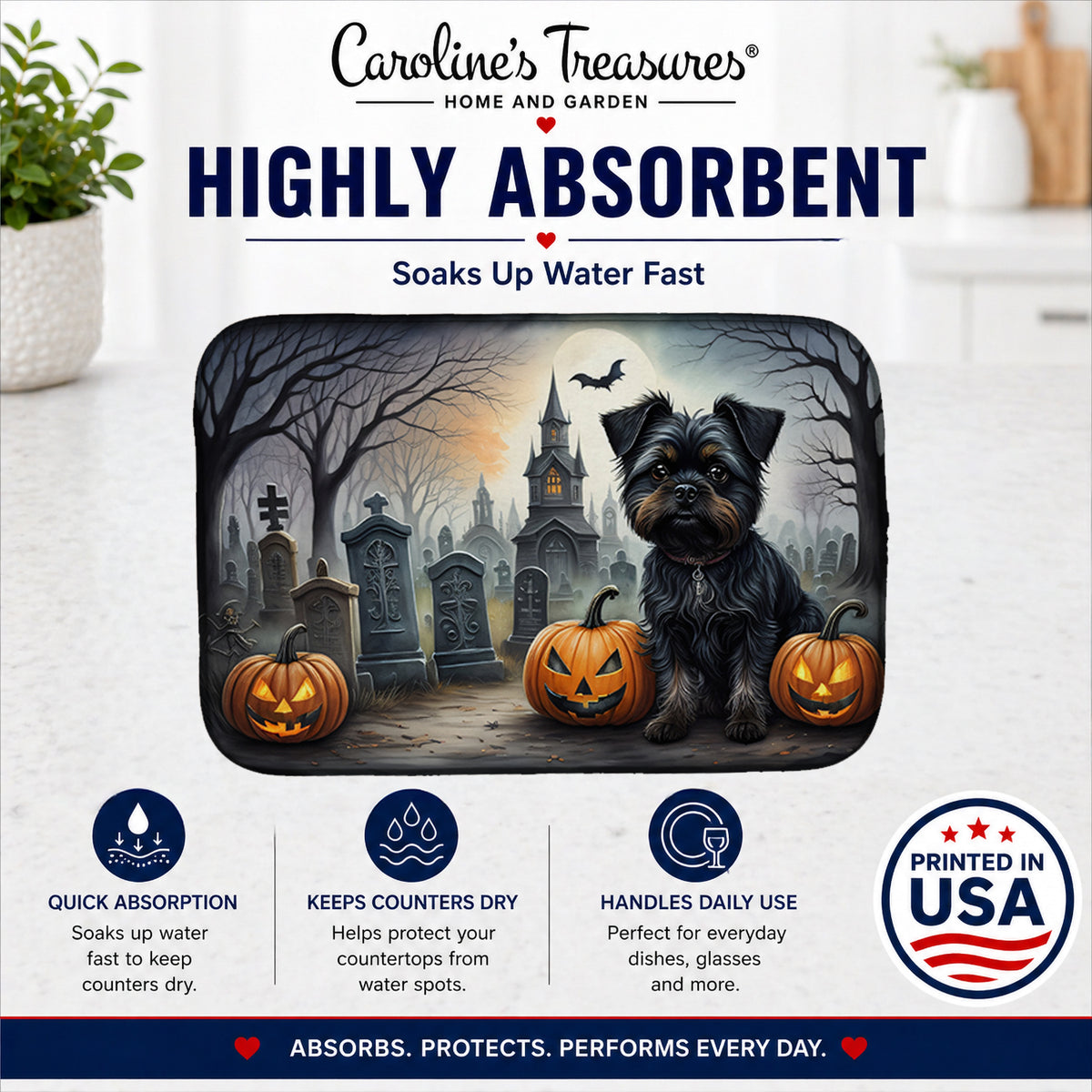 Caroline's Treasures DAC2001DDM Affenpinscher Spooky Halloween Dish Drying Mat Absorbent Dish Drying Mat Pad for Kitchen Counter Dish Drainer Mat for Countertop, 14 x 21, Multicolor
