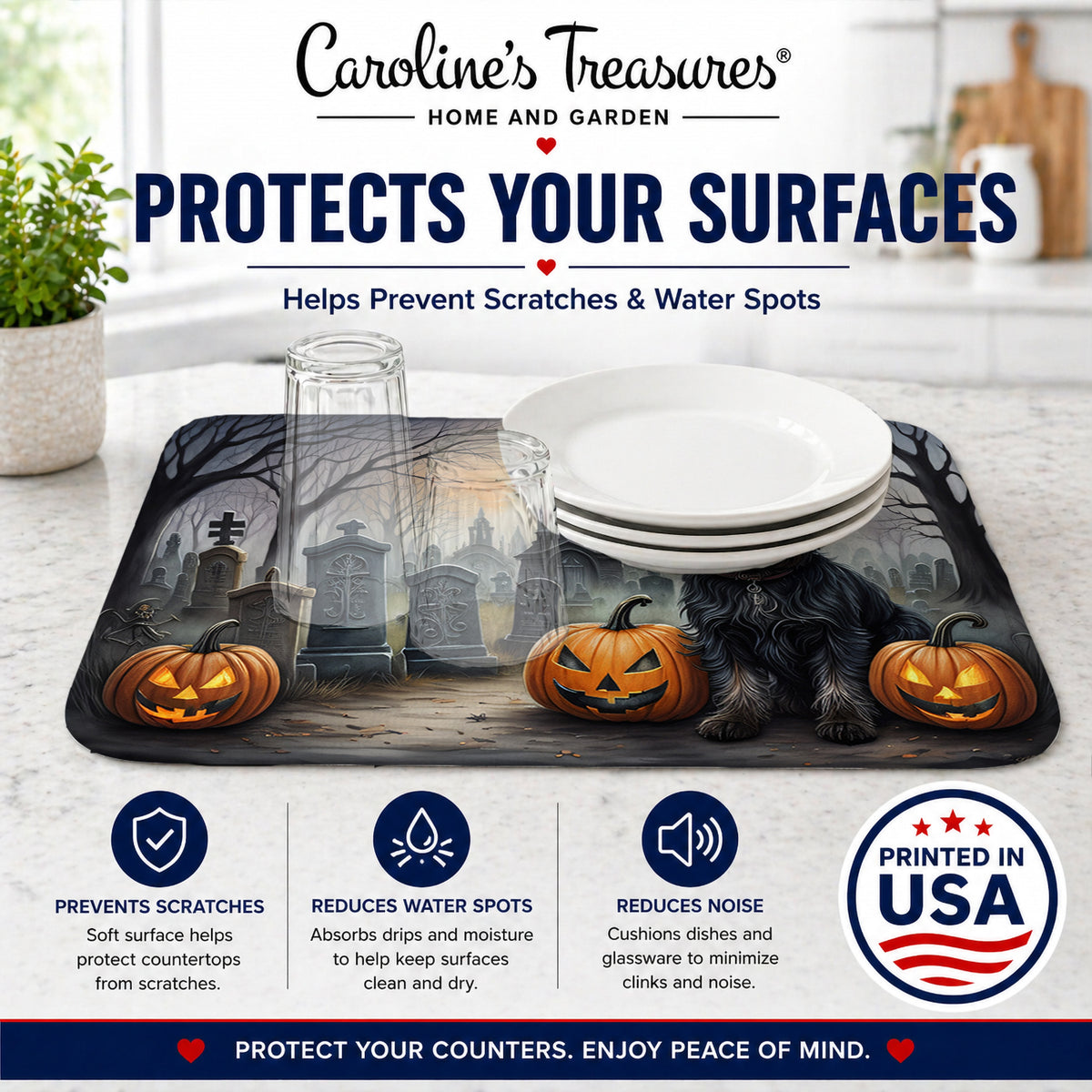 Caroline's Treasures DAC2001DDM Affenpinscher Spooky Halloween Dish Drying Mat Absorbent Dish Drying Mat Pad for Kitchen Counter Dish Drainer Mat for Countertop, 14 x 21, Multicolor