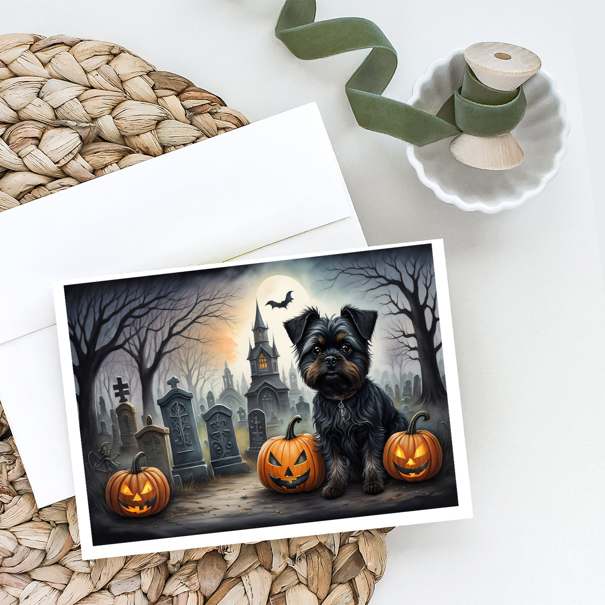 Caroline's Treasures DAC2001GCA7P Affenpinscher Spooky Halloween Greeting Cards and Envelopes Pack of 8 Blank Cards with Envelopes Whimsical A7 Size 5x7 Blank Greeting Cards