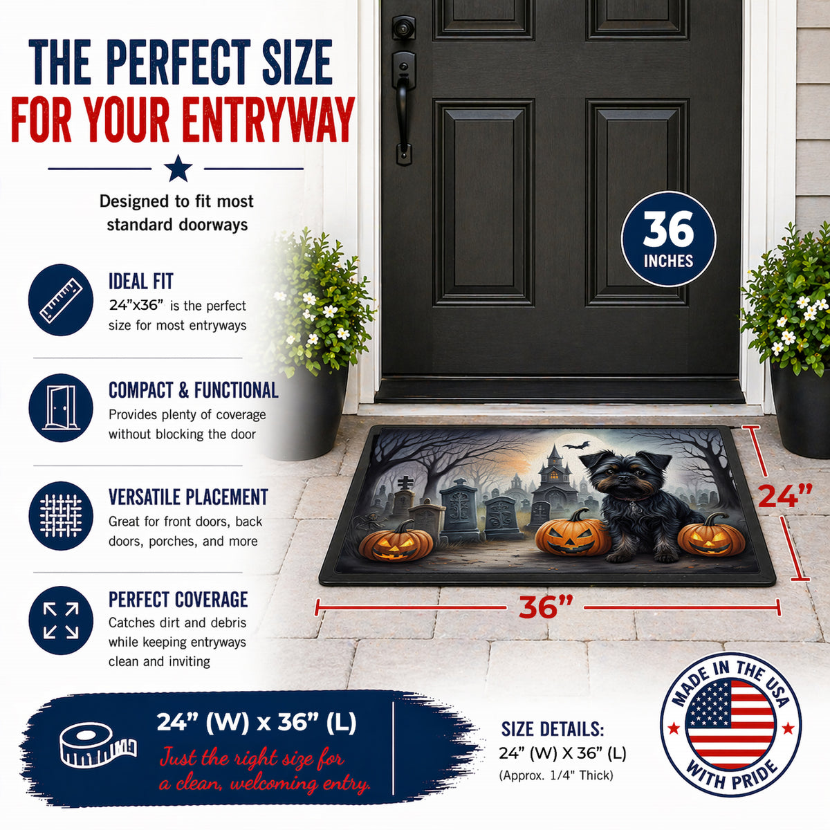 Caroline's Treasures DAC2001JMAT Affenpinscher Spooky Halloween Indoor or Outdoor Mat 24x36 Front Door Mat Indoor Outdoor Rugs for Entryway, Non Slip Washable Low Pile, 24H X 36W