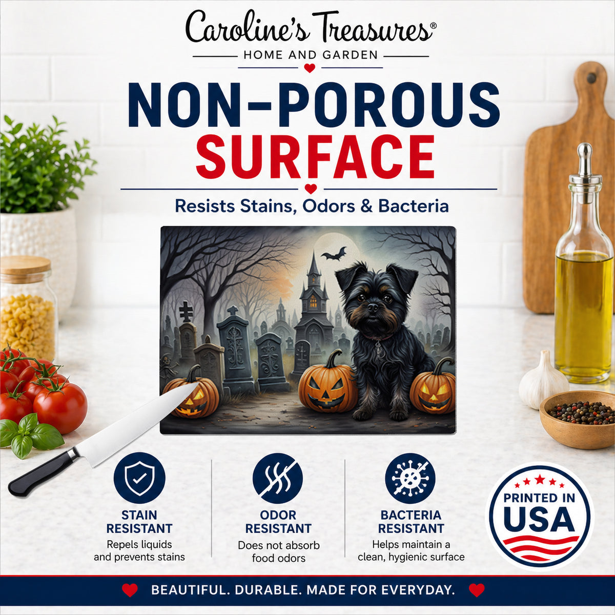 Caroline's Treasures DAC2001LCB Affenpinscher Spooky Halloween Glass Cutting Board Large Decorative Tempered Glass Kitchen Cutting and Serving Board Large Size Chopping Board