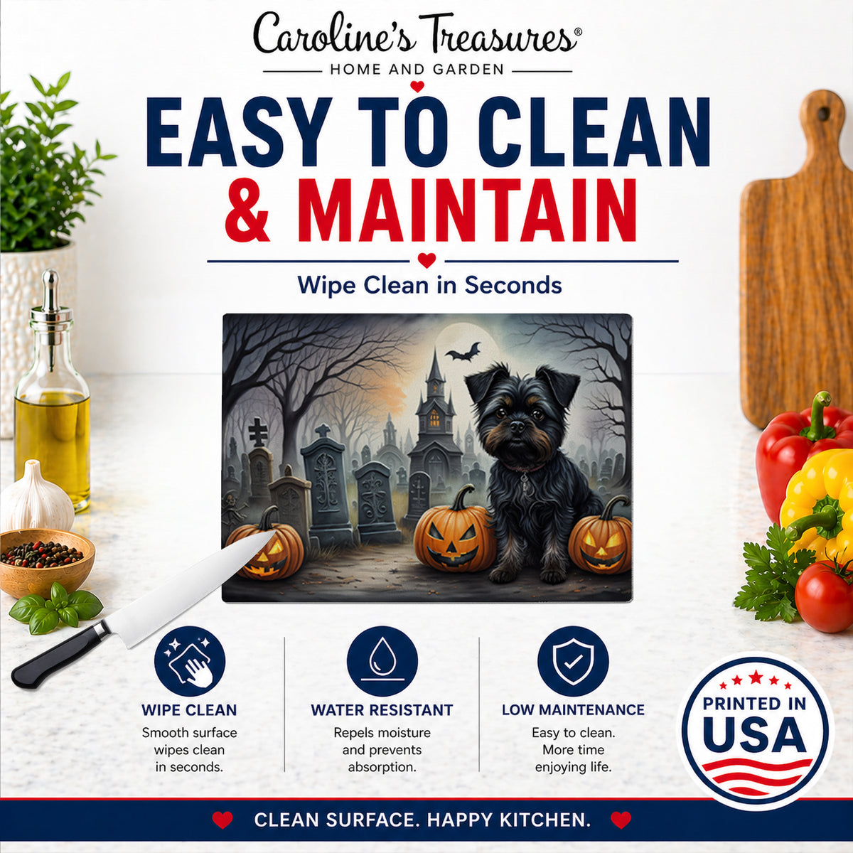 Caroline's Treasures DAC2001LCB Affenpinscher Spooky Halloween Glass Cutting Board Large Decorative Tempered Glass Kitchen Cutting and Serving Board Large Size Chopping Board
