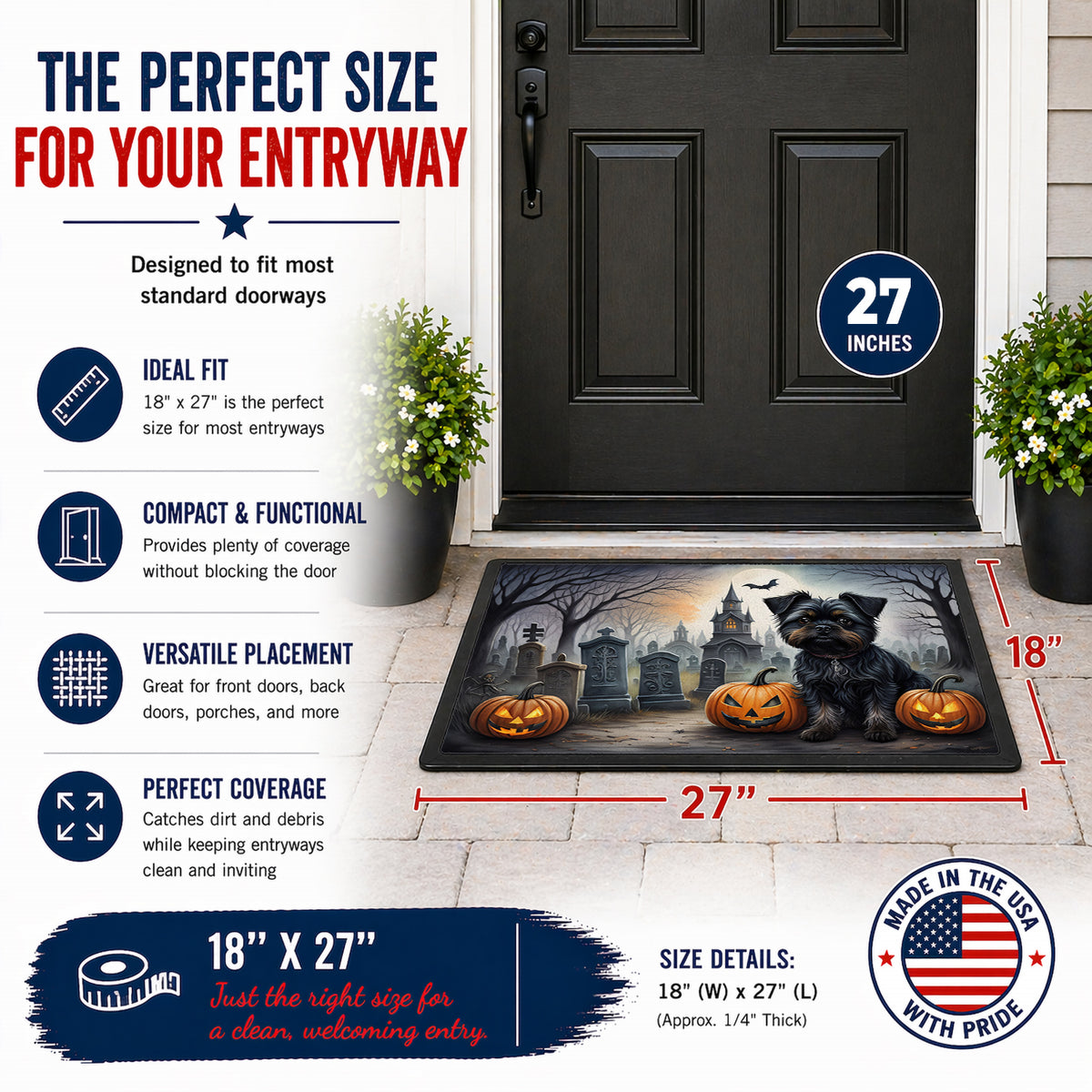 Caroline's Treasures DAC2001MAT Affenpinscher Spooky Halloween Doormat 18x27 Front Door Mat Indoor Outdoor Rugs for Entryway, Non Slip Washable Low Pile, 18H X 27W