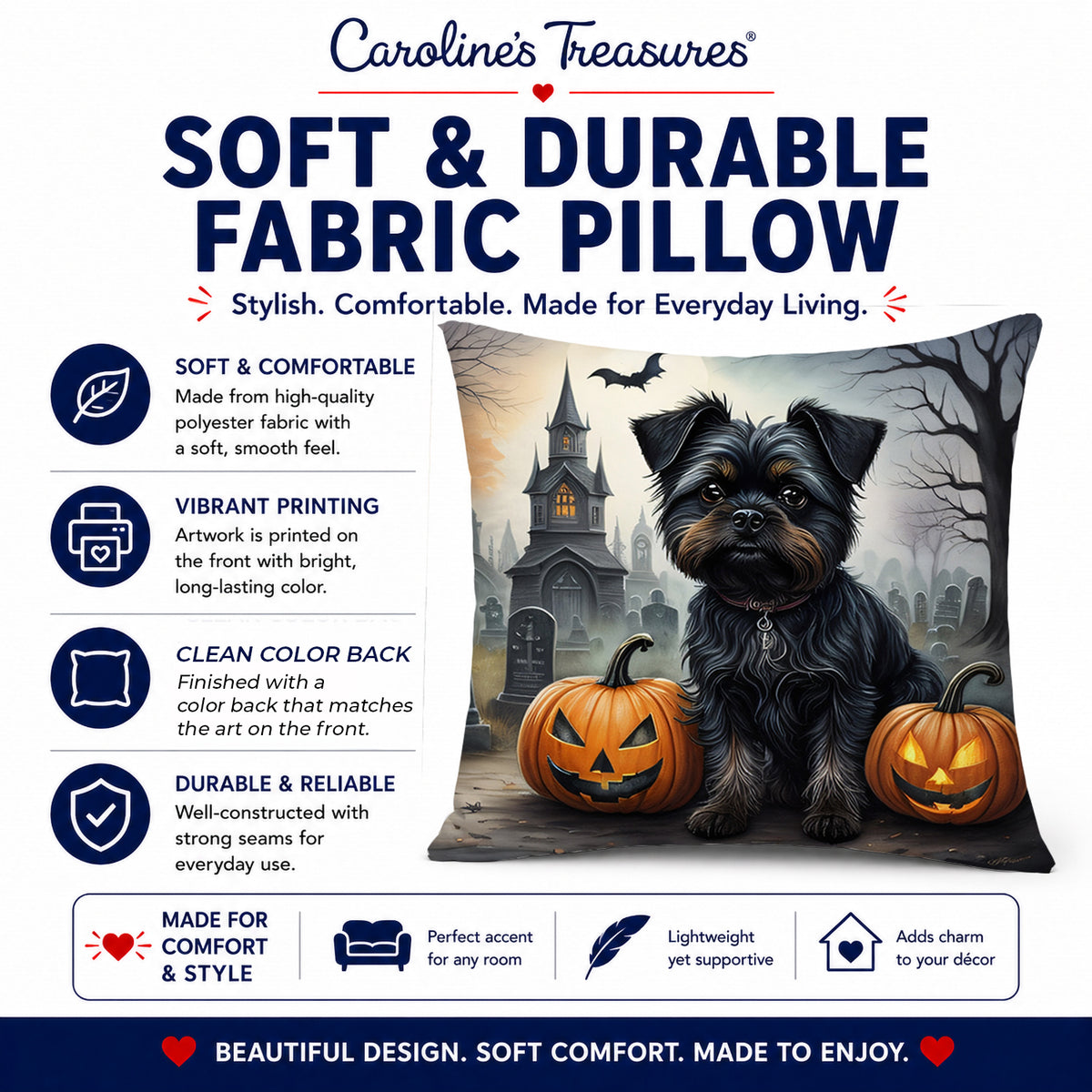 Caroline's Treasures DAC2001PW1414 Affenpinscher Spooky Halloween Fabric Decorative Pillow Machine Washable, Indoor Outdoor Decorative Pillow for Couch, Bed or Patio, 14Hx14W