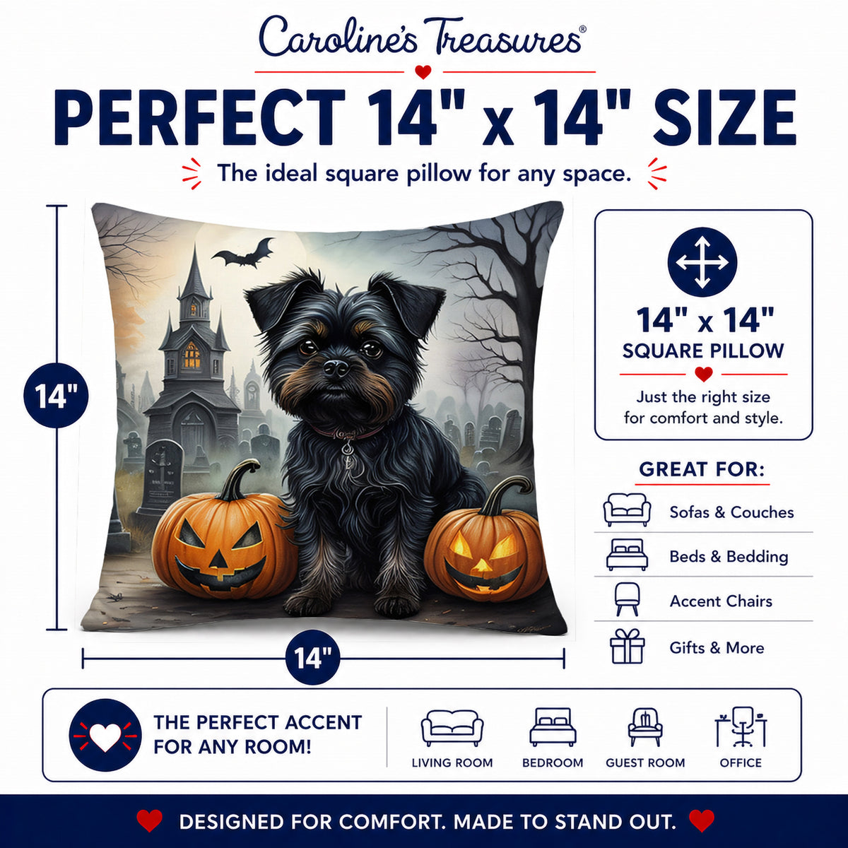 Caroline's Treasures DAC2001PW1414 Affenpinscher Spooky Halloween Fabric Decorative Pillow Machine Washable, Indoor Outdoor Decorative Pillow for Couch, Bed or Patio, 14Hx14W