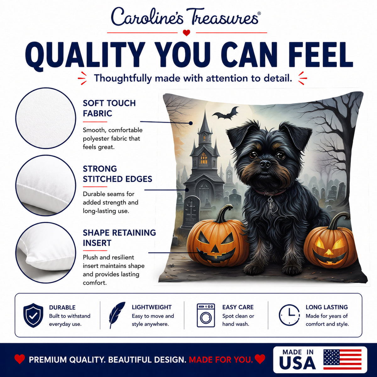 Caroline's Treasures DAC2001PW1414 Affenpinscher Spooky Halloween Fabric Decorative Pillow Machine Washable, Indoor Outdoor Decorative Pillow for Couch, Bed or Patio, 14Hx14W