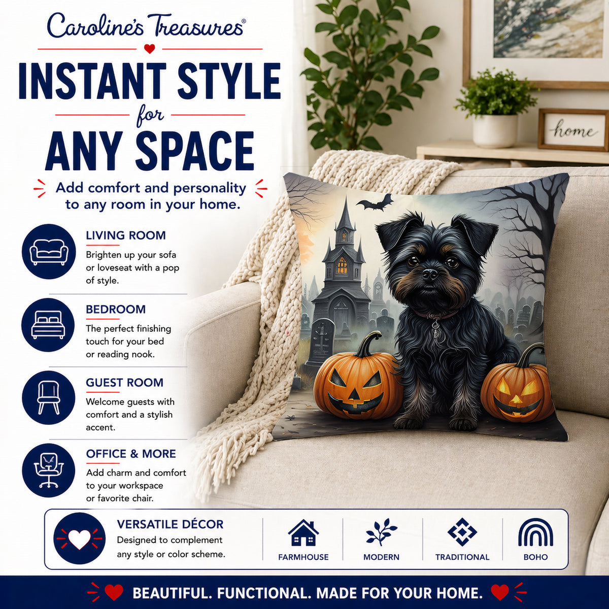 Caroline's Treasures DAC2001PW1414 Affenpinscher Spooky Halloween Fabric Decorative Pillow Machine Washable, Indoor Outdoor Decorative Pillow for Couch, Bed or Patio, 14Hx14W