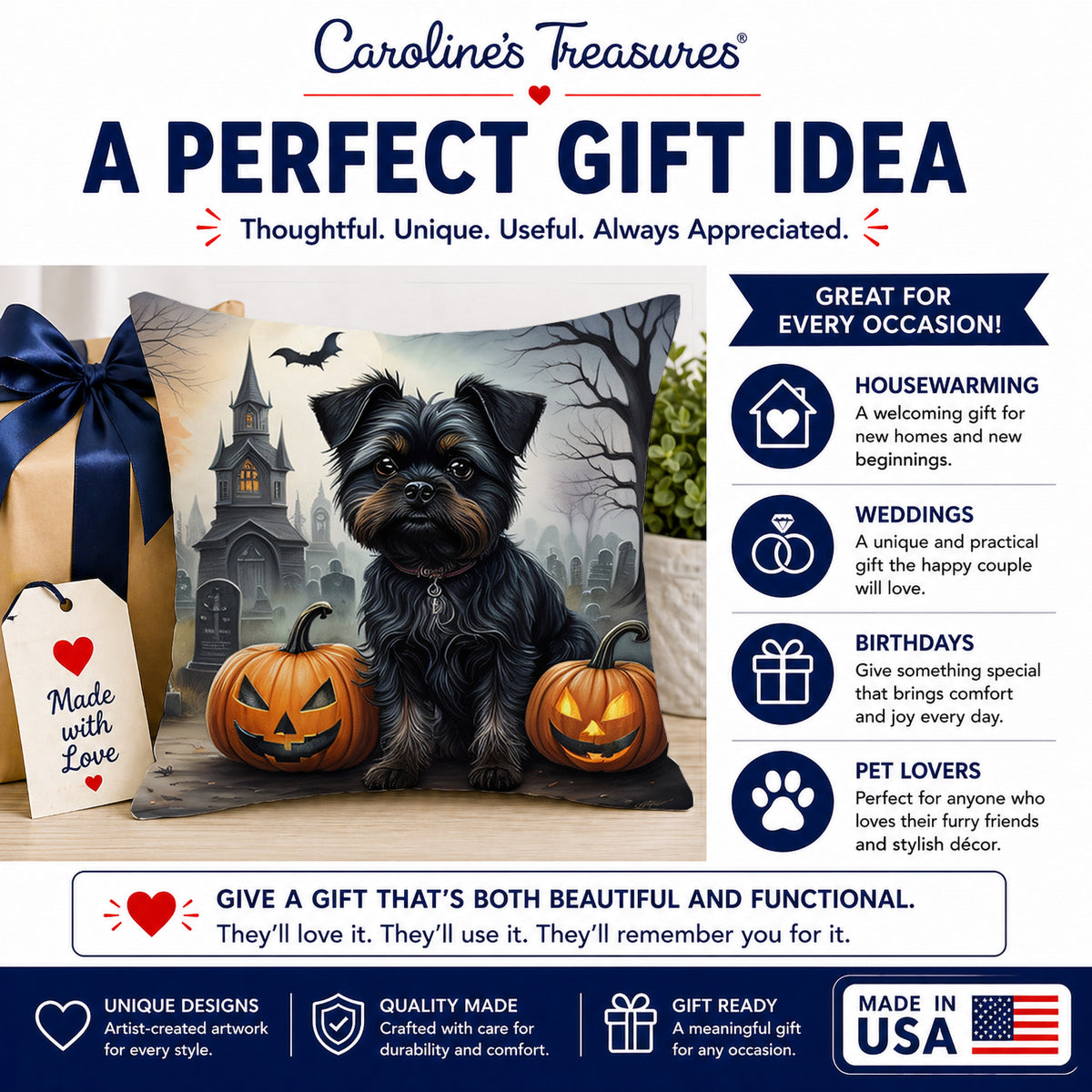 Caroline's Treasures DAC2001PW1414 Affenpinscher Spooky Halloween Fabric Decorative Pillow Machine Washable, Indoor Outdoor Decorative Pillow for Couch, Bed or Patio, 14Hx14W
