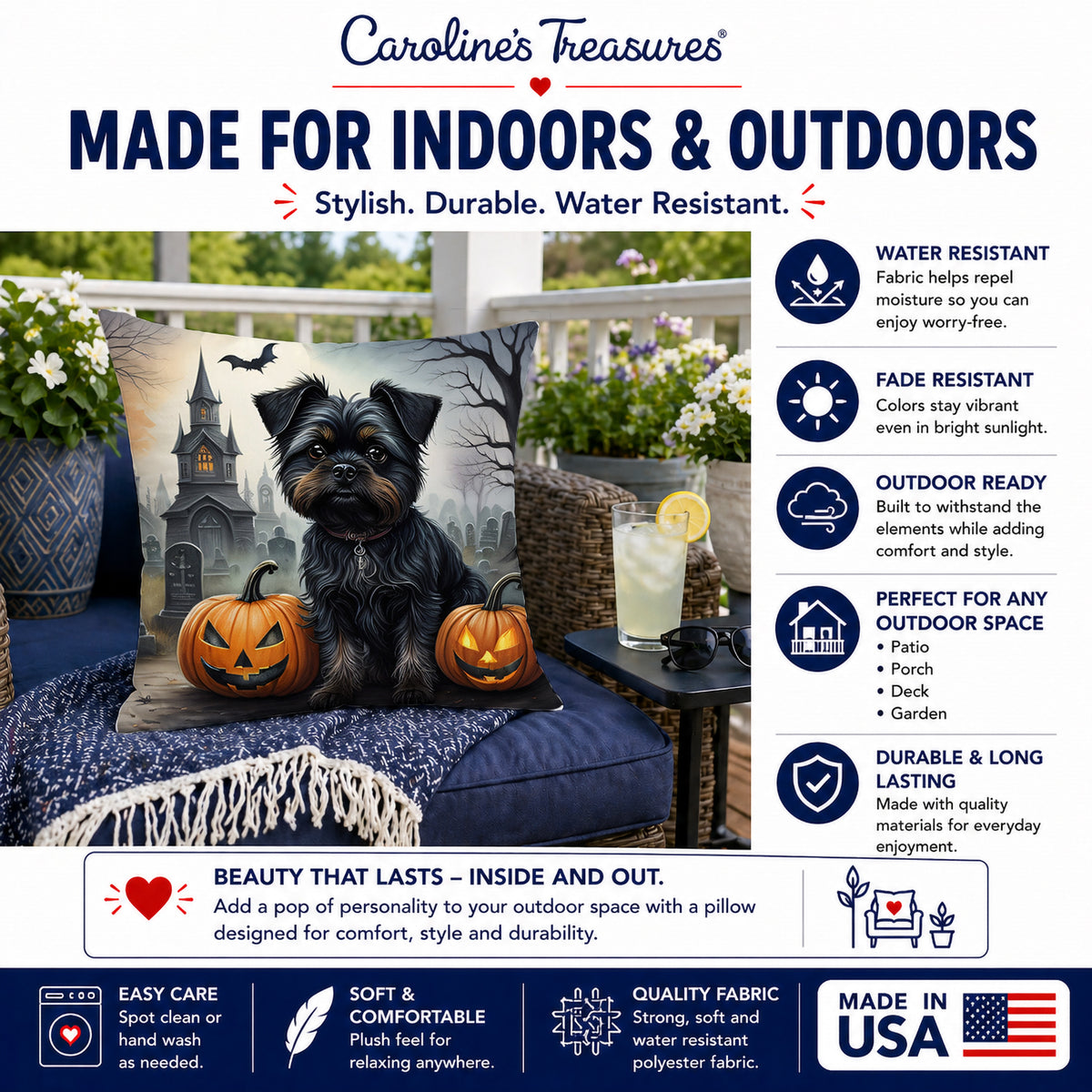 Caroline's Treasures DAC2001PW1414 Affenpinscher Spooky Halloween Fabric Decorative Pillow Machine Washable, Indoor Outdoor Decorative Pillow for Couch, Bed or Patio, 14Hx14W