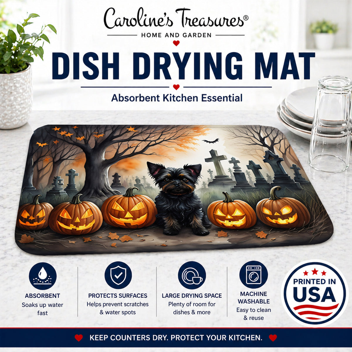 Caroline's Treasures DAC2002DDM Affenpinscher Spooky Halloween Dish Drying Mat Absorbent Dish Drying Mat Pad for Kitchen Counter Dish Drainer Mat for Countertop, 14 x 21, Multicolor