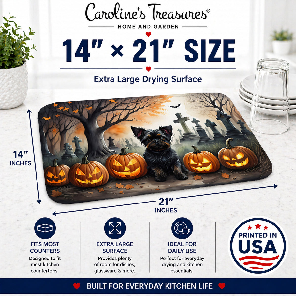 Caroline's Treasures DAC2002DDM Affenpinscher Spooky Halloween Dish Drying Mat Absorbent Dish Drying Mat Pad for Kitchen Counter Dish Drainer Mat for Countertop, 14 x 21, Multicolor