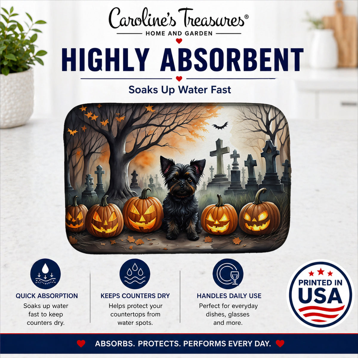Caroline's Treasures DAC2002DDM Affenpinscher Spooky Halloween Dish Drying Mat Absorbent Dish Drying Mat Pad for Kitchen Counter Dish Drainer Mat for Countertop, 14 x 21, Multicolor