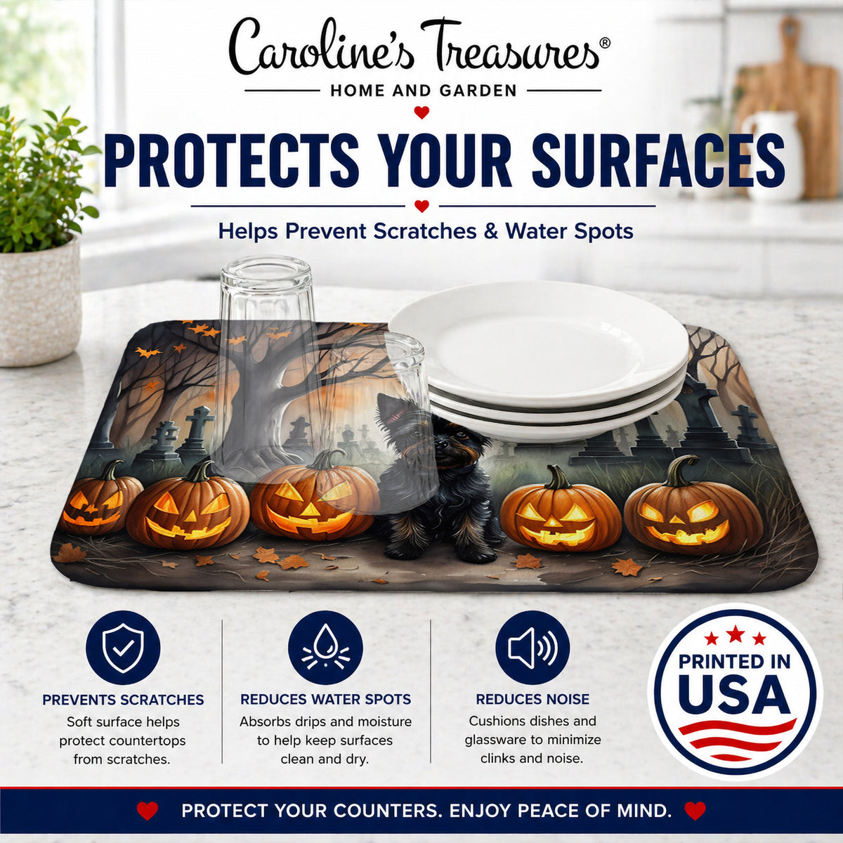 Caroline's Treasures DAC2002DDM Affenpinscher Spooky Halloween Dish Drying Mat Absorbent Dish Drying Mat Pad for Kitchen Counter Dish Drainer Mat for Countertop, 14 x 21, Multicolor