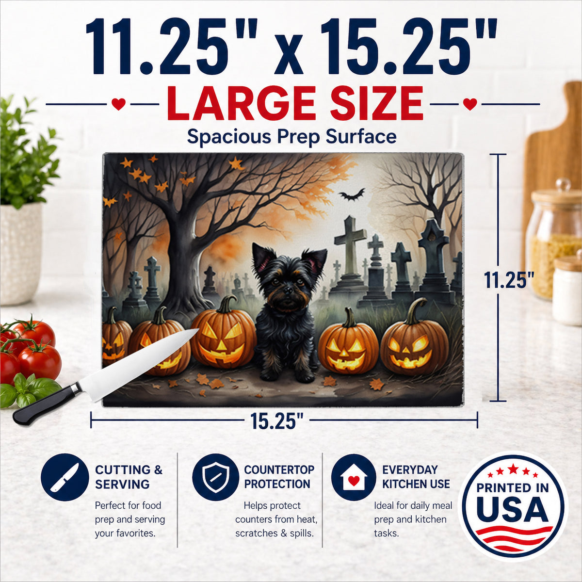 Caroline's Treasures DAC2002LCB Affenpinscher Spooky Halloween Glass Cutting Board Large Decorative Tempered Glass Kitchen Cutting and Serving Board Large Size Chopping Board