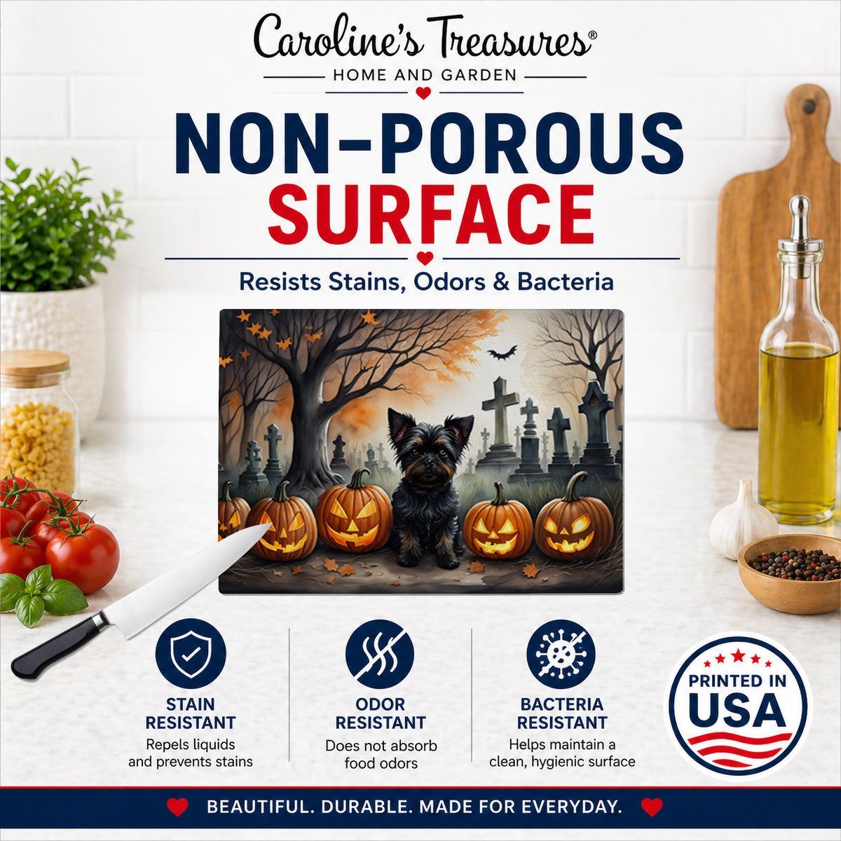 Caroline's Treasures DAC2002LCB Affenpinscher Spooky Halloween Glass Cutting Board Large Decorative Tempered Glass Kitchen Cutting and Serving Board Large Size Chopping Board