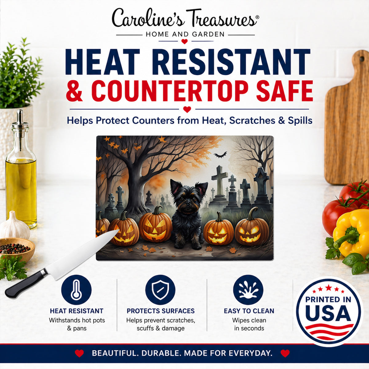 Caroline's Treasures DAC2002LCB Affenpinscher Spooky Halloween Glass Cutting Board Large Decorative Tempered Glass Kitchen Cutting and Serving Board Large Size Chopping Board