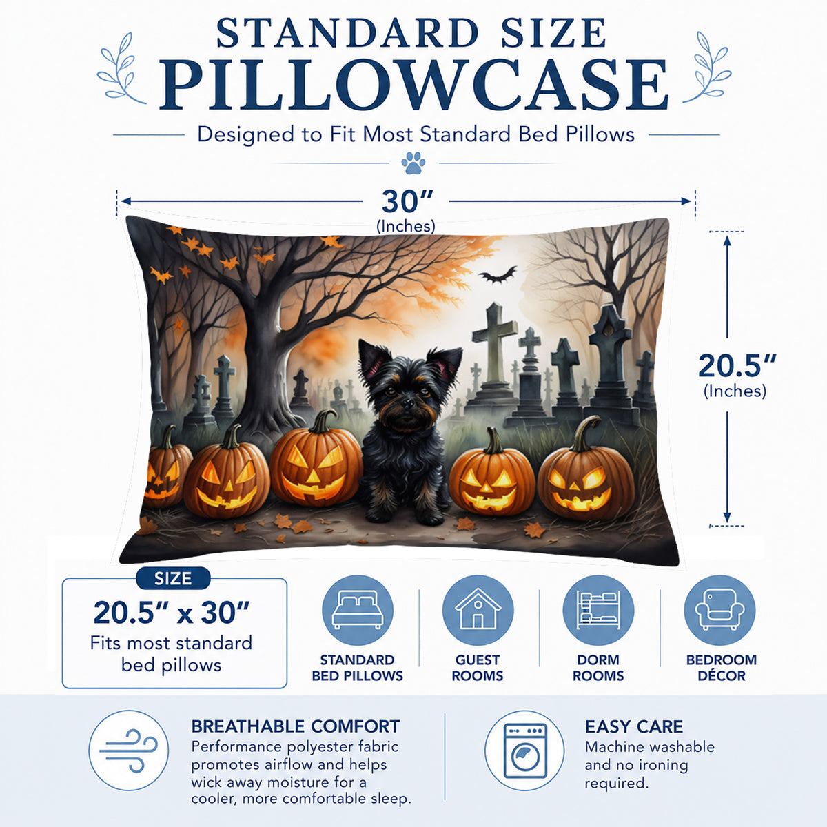 Caroline's Treasures DAC2002PILLOWCASE Affenpinscher Spooky Halloween Fabric Standard Pillowcase Lightweight Super Soft Easy Care Decorative Artwork Pillowcase, Standard